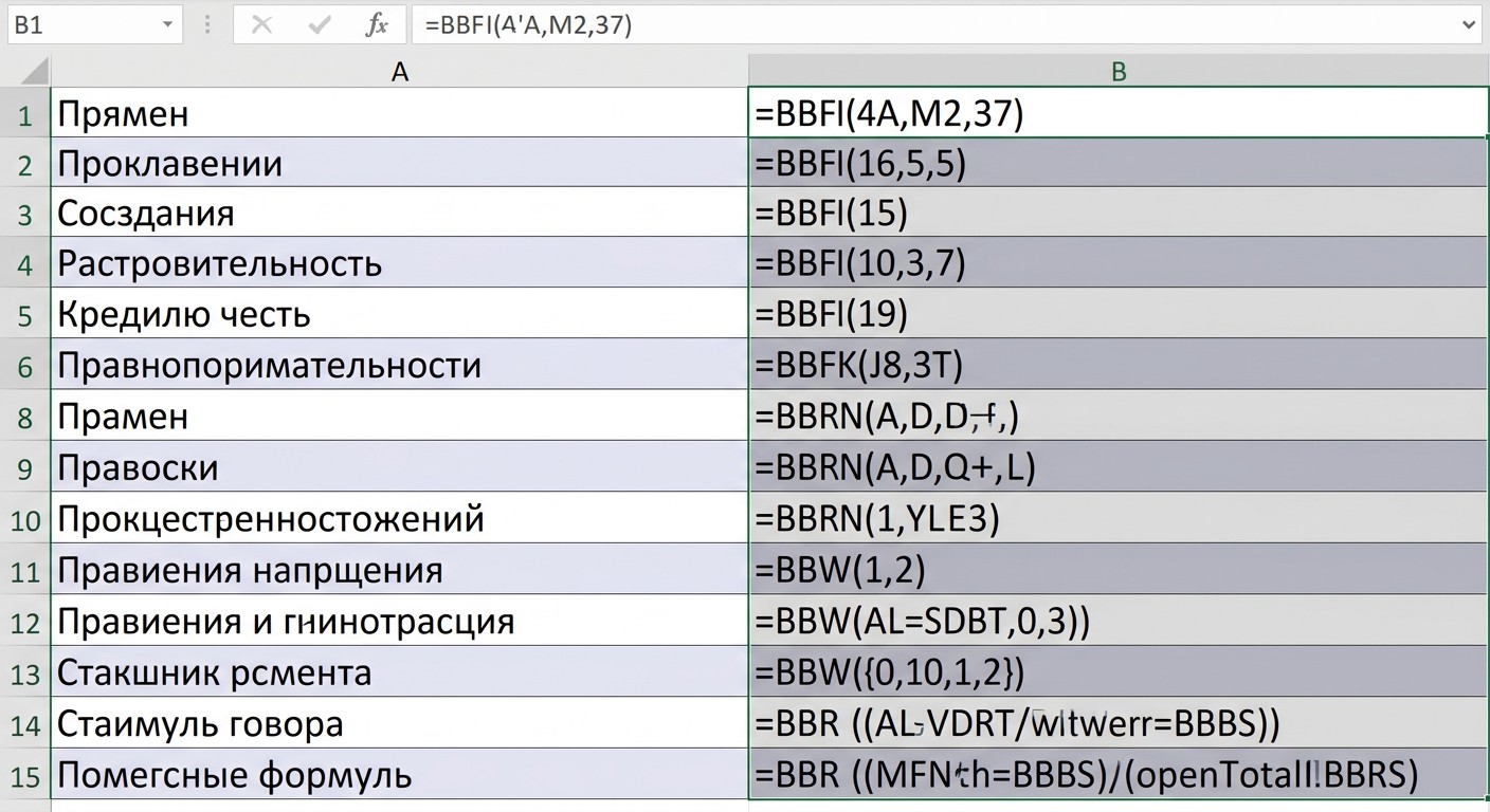 Блок из 15 формул описательной статистики в ячейках Excel