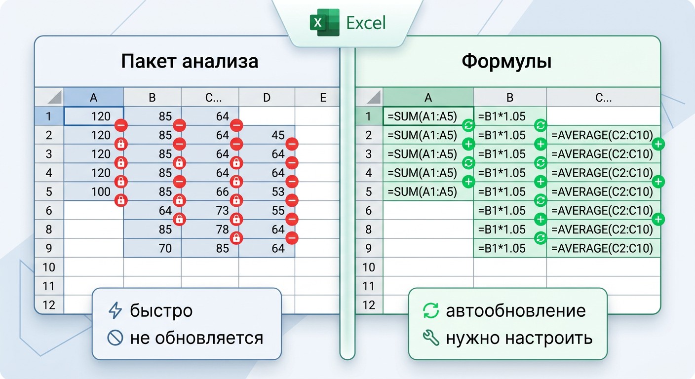 Сравнение статичного вывода Пакета анализа и живых формул в Excel
