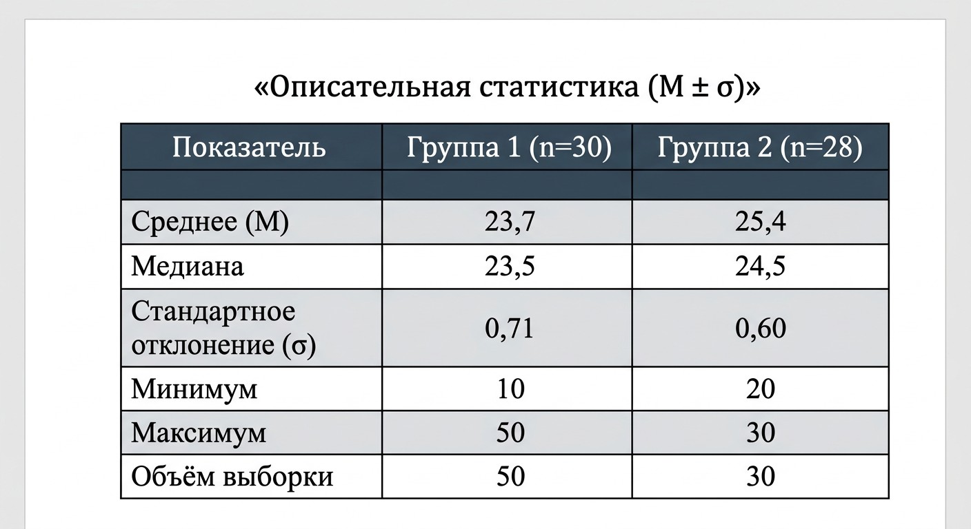 Оформленная таблица описательной статистики для дипломной работы с двумя группами