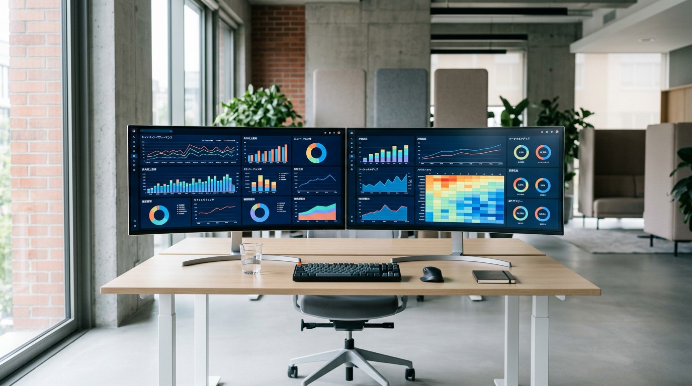 Дашборд с графиками KPI в маркетинге на мониторах рабочего стола