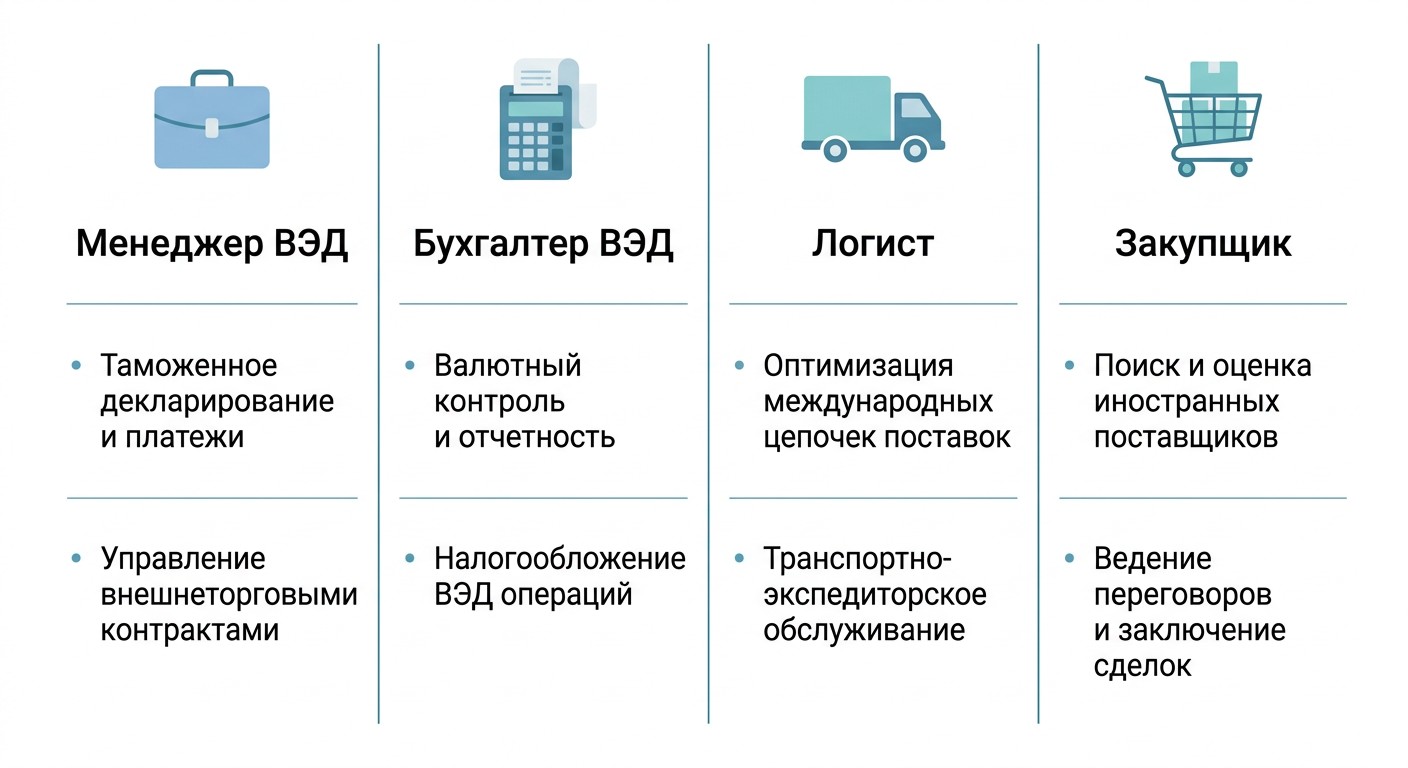 Кому подходят курсы ВЭД — матрица четырёх профессий с темами обучения