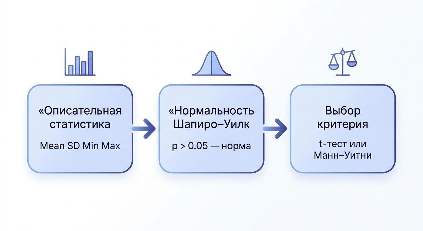 Схема: описательная статистика, проверка нормальности, выбор критерия анализа