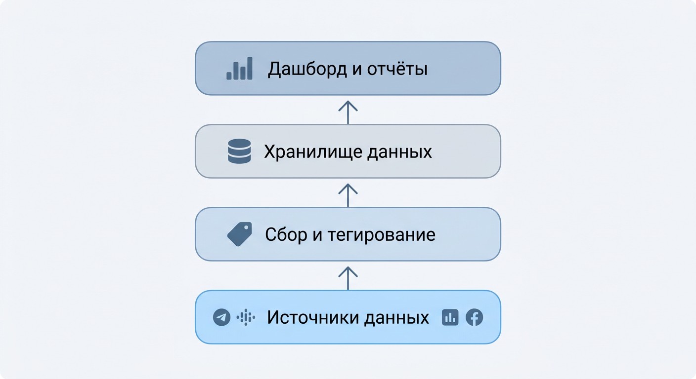 Схема стека аналитики для отслеживания KPI в маркетинге по уровням