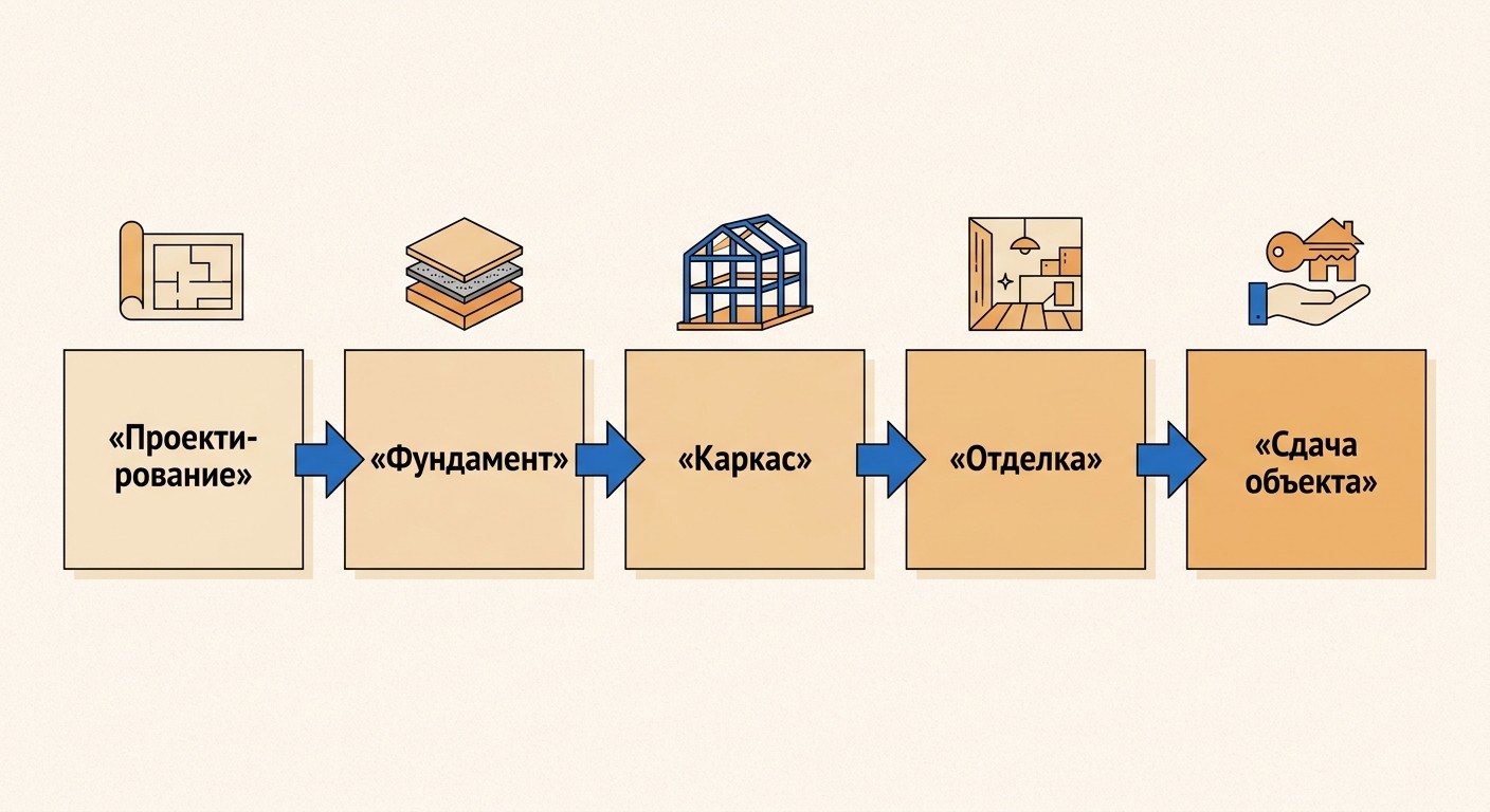 Строительный roadmap проекта в стиле Waterfall: линейная схема этапов