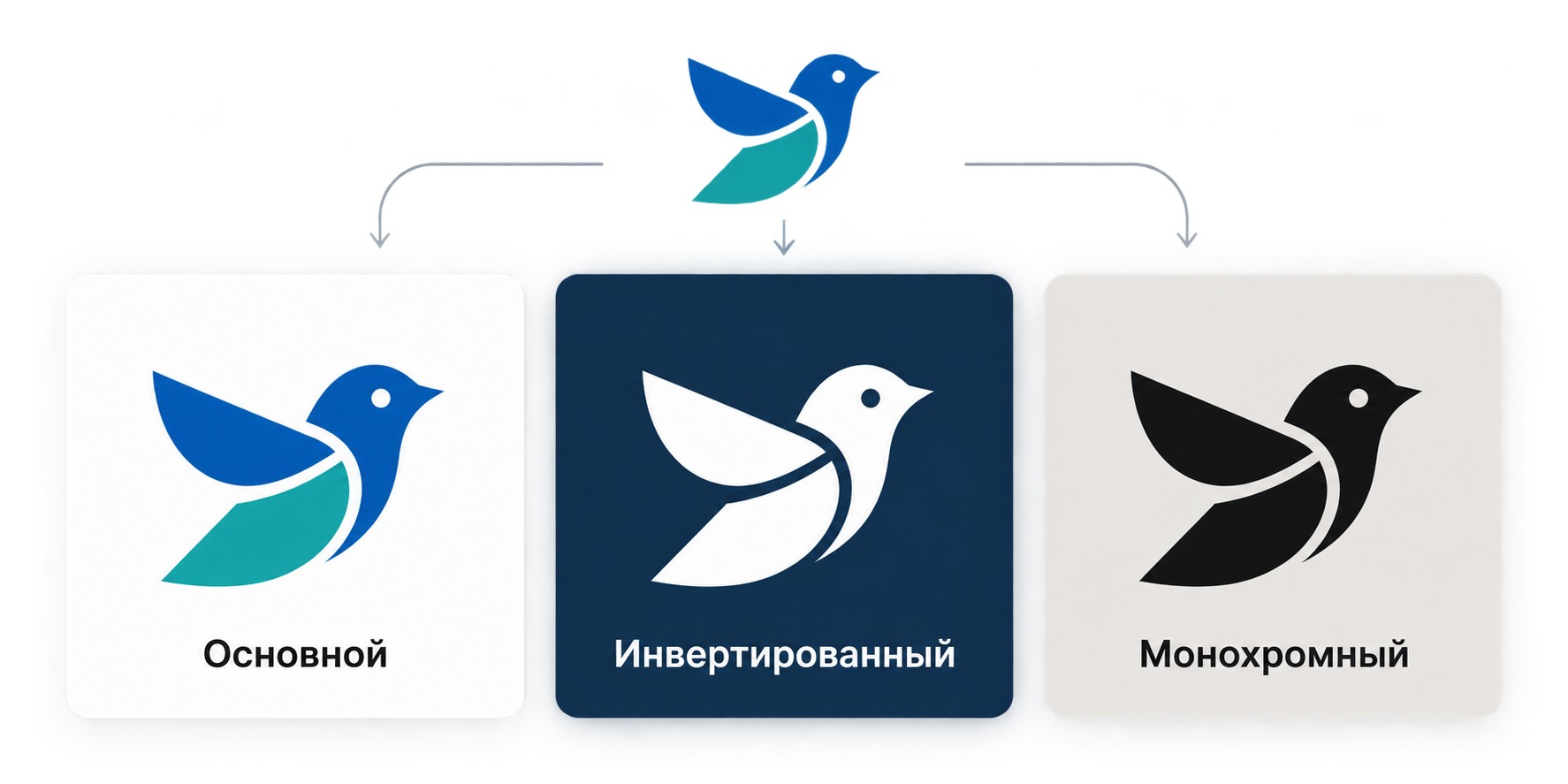 Три вариации логотипа: основной, инвертированный и монохромный варианты