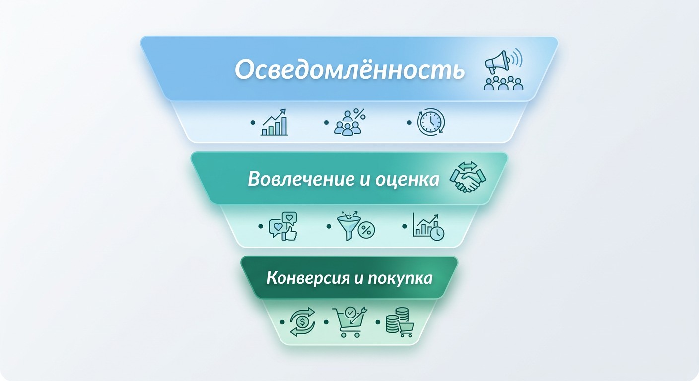 Маркетинговая воронка с ключевыми KPI на этапах осведомлённости, вовлечения и конверсии